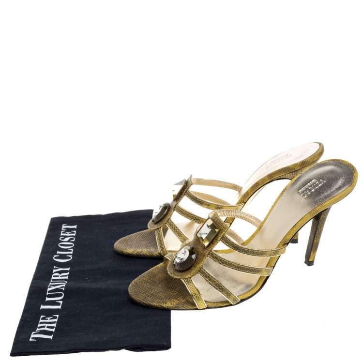 Pre Owned Versace Yellow Lizard Crystal Embellished Slide Sandals Size 38
