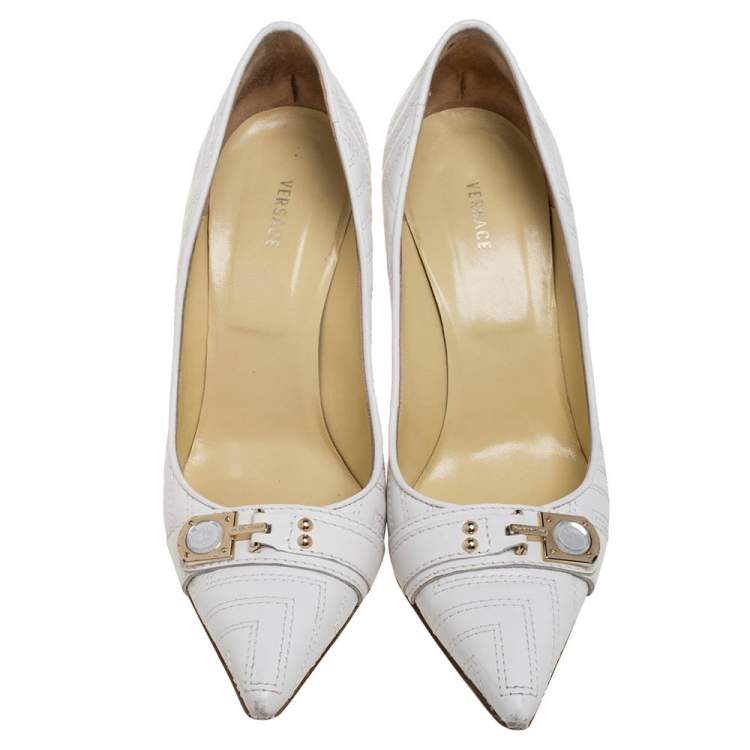Pre Owned Versace White Leather Pointed Toe Pumps Size 38