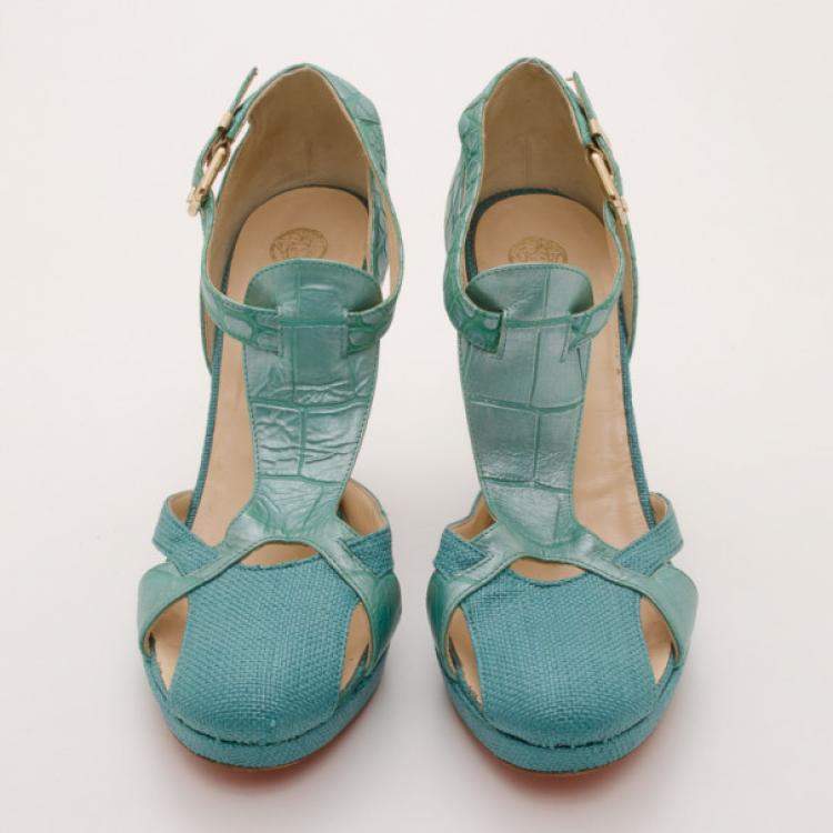 Pre Owned Versace Teal Raffia Croc Stamped Wedge Sandals Size 39.5