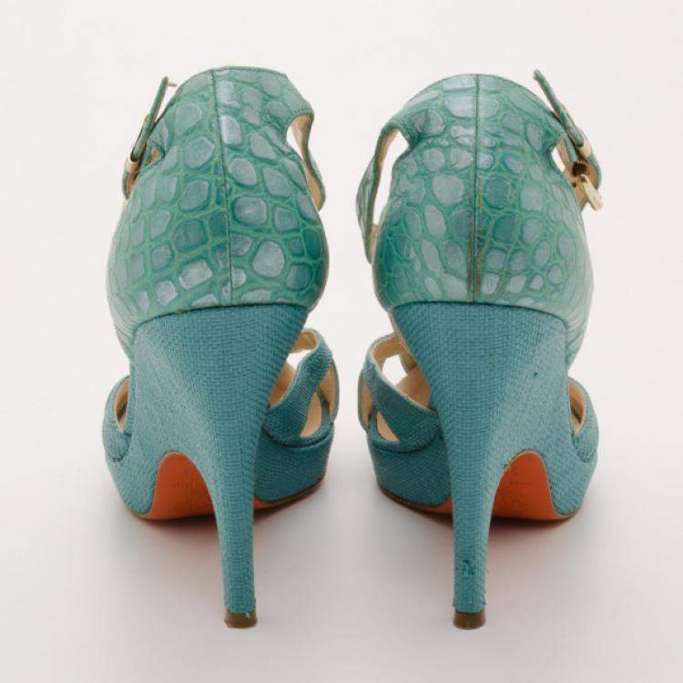 Pre Owned Versace Teal Raffia Croc Stamped Wedge Sandals Size 39.5