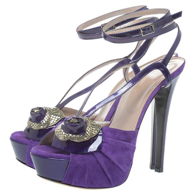 Versace Purple Suede And Patent Leather Floral Metal Mesh Platform ...