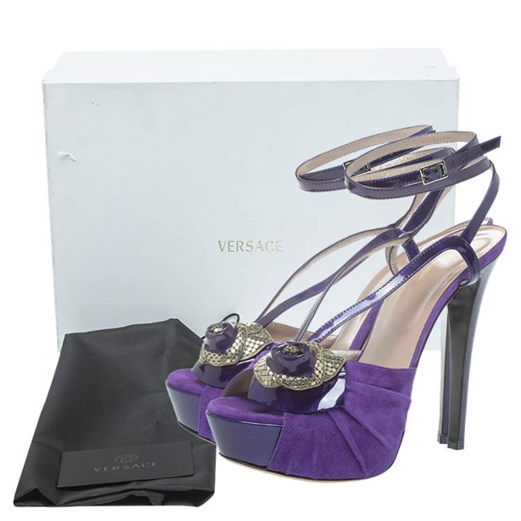 Pre Owned Versace Purple Suede And Patent Leather Floral Metal Mesh Platform Sandals Size 39