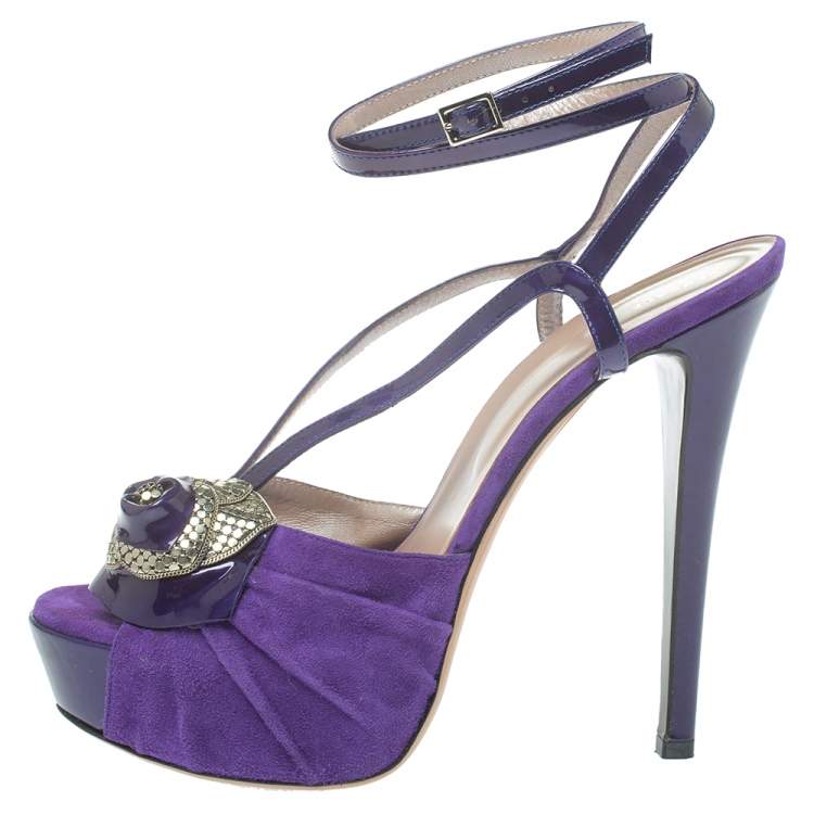 Pre Owned Versace Purple Suede And Patent Leather Floral Metal Mesh Platform Sandals Size 39