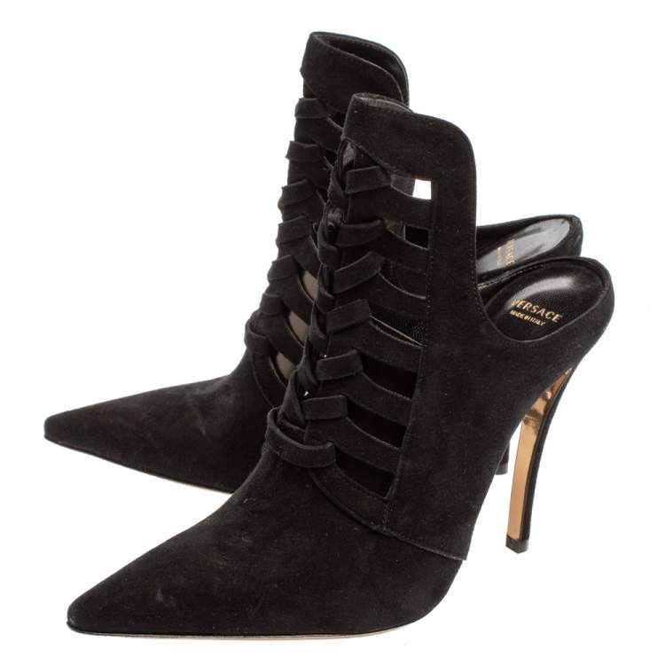 Pre Owned Versace Black Suede Cutout Pointed Toe Mules Size 38