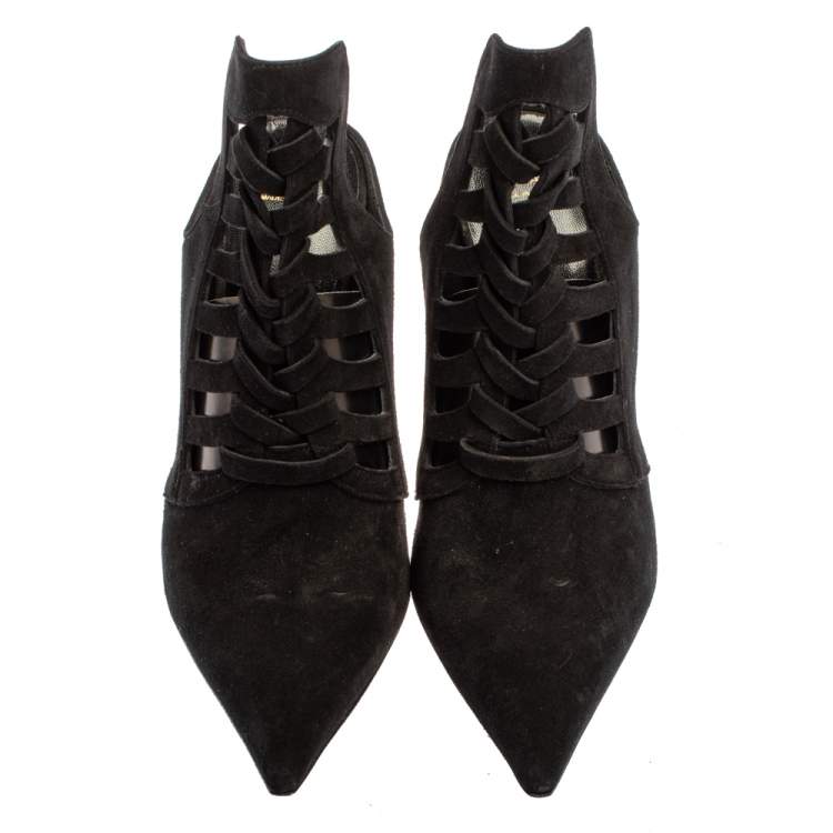 Pre Owned Versace Black Suede Cutout Pointed Toe Mules Size 38