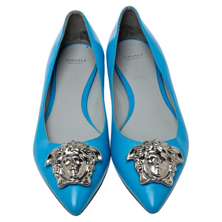 Pre Owned Versace Blue Leather Medusa Pointed Toe Ballet Flats Size 41