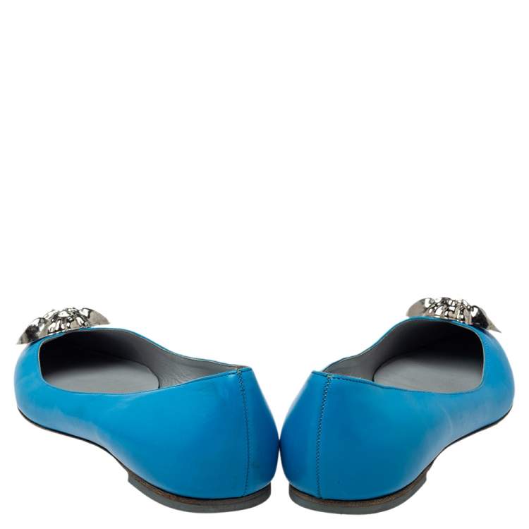 Pre Owned Versace Blue Leather Medusa Pointed Toe Ballet Flats Size 41
