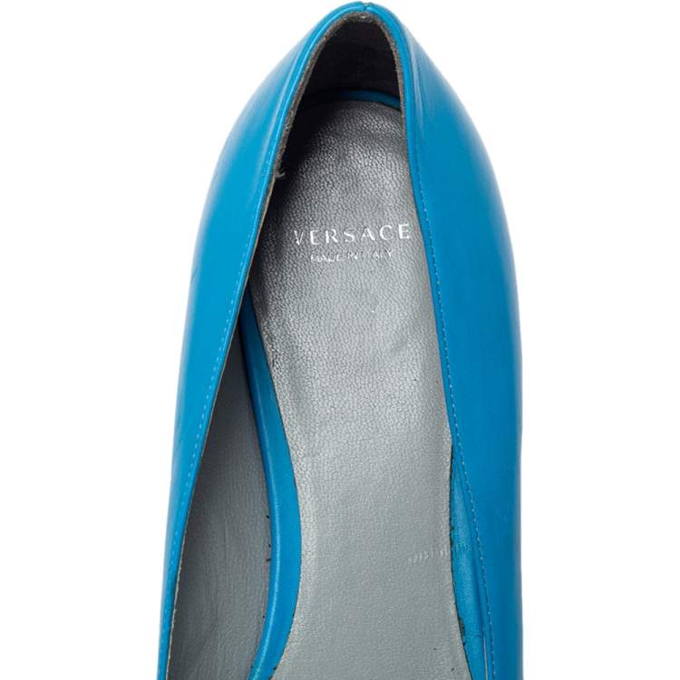 Pre Owned Versace Blue Leather Medusa Pointed Toe Ballet Flats Size 41