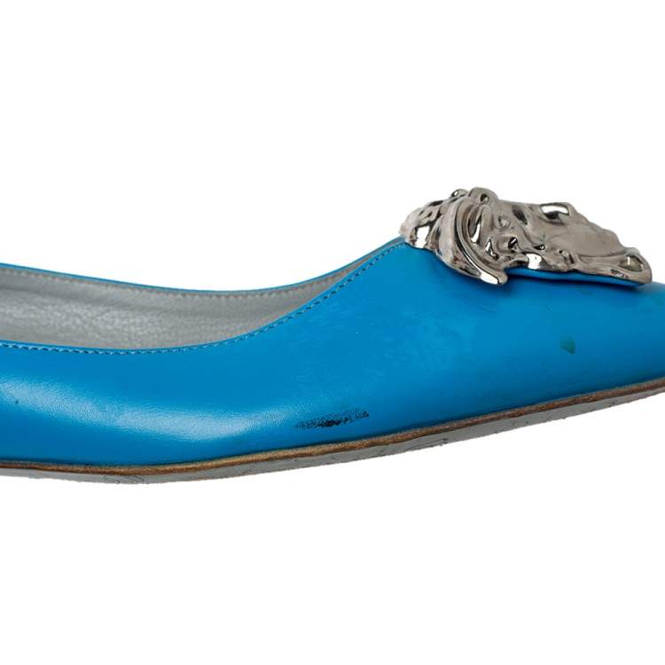 Pre Owned Versace Blue Leather Medusa Pointed Toe Ballet Flats Size 41