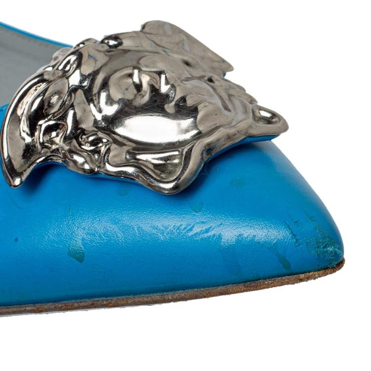 Pre Owned Versace Blue Leather Medusa Pointed Toe Ballet Flats Size 41
