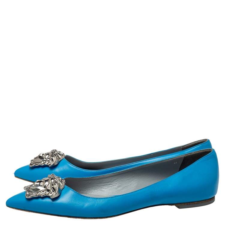 Pre Owned Versace Blue Leather Medusa Pointed Toe Ballet Flats Size 41