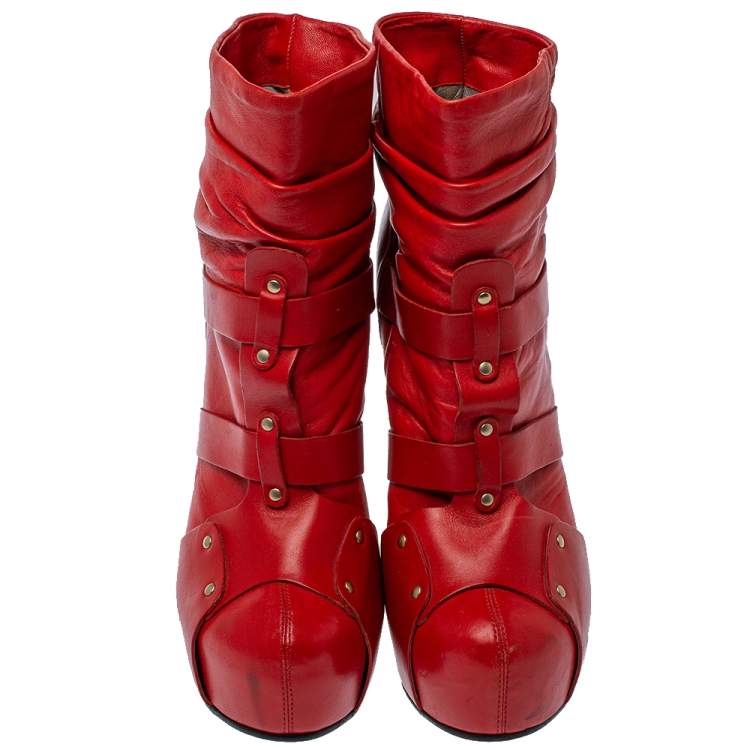 Pre Owned Versace Red  Leather Slip On Ankle Boots Size 39