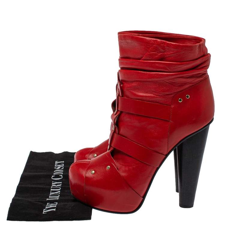 Pre Owned Versace Red  Leather Slip On Ankle Boots Size 39