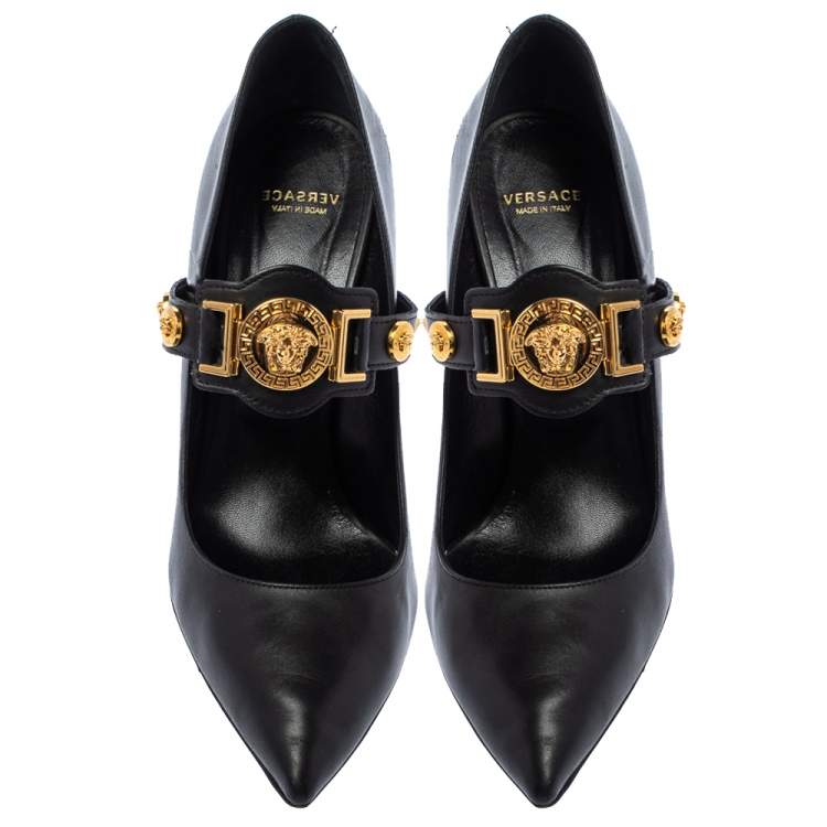 Pre Owned Versace Black Leather Medusa Embellished Mary Jane Pumps Size 40