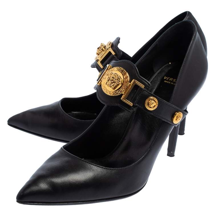Pre Owned Versace Black Leather Medusa Embellished Mary Jane Pumps Size 40