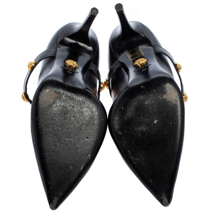 Pre Owned Versace Black Leather Medusa Embellished Mary Jane Pumps Size 40