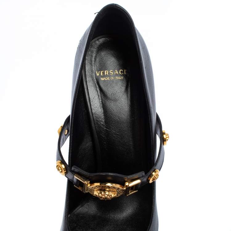 Pre Owned Versace Black Leather Medusa Embellished Mary Jane Pumps Size 40