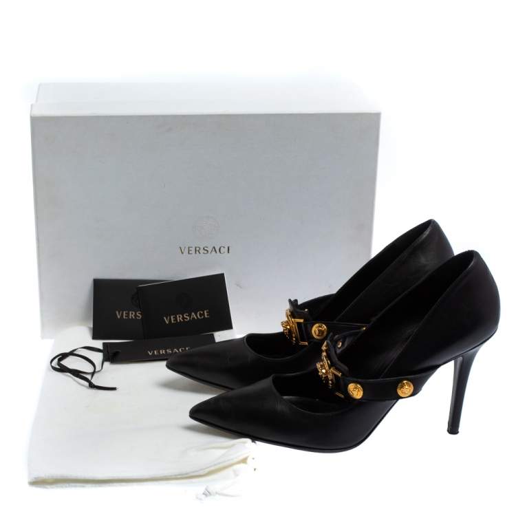 Pre Owned Versace Black Leather Medusa Embellished Mary Jane Pumps Size 40