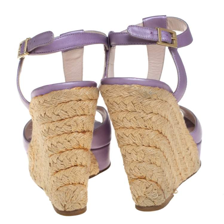 Pre Owned Versace Metallic Purple Leather Wedge Sandals Size 37