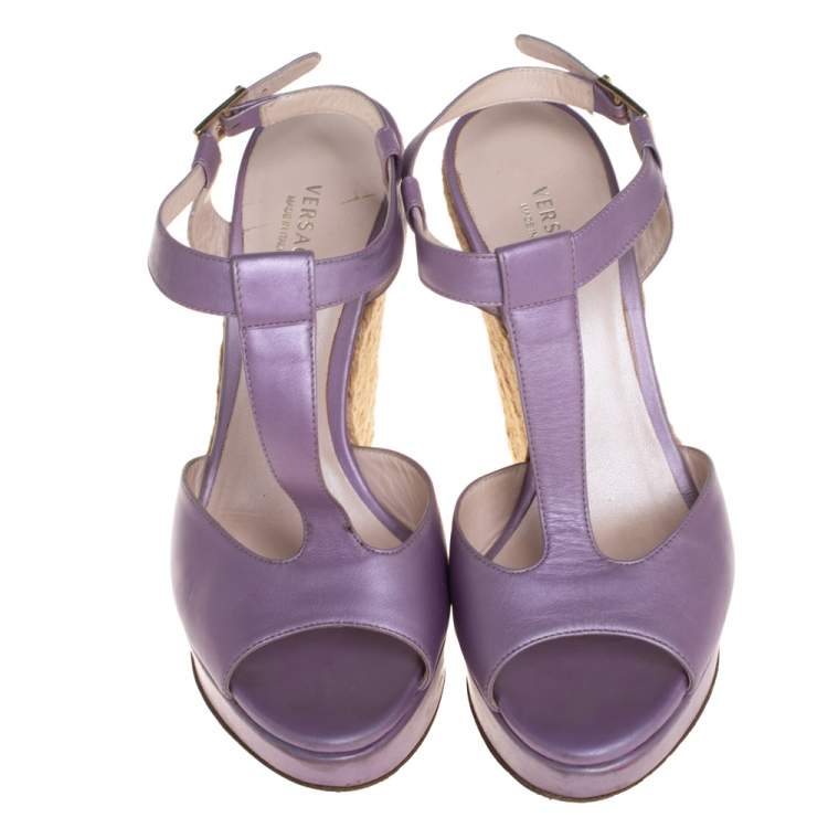 Pre Owned Versace Metallic Purple Leather Wedge Sandals Size 37