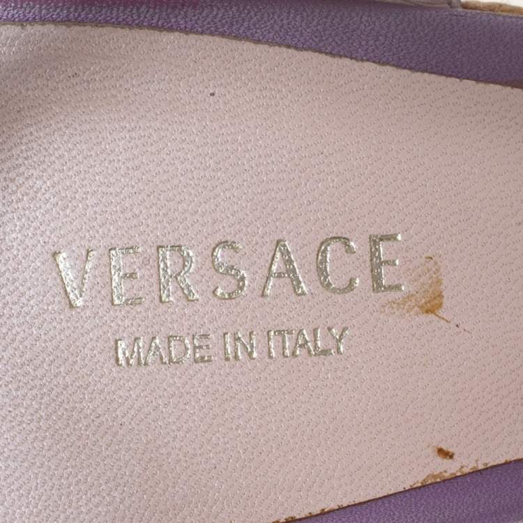 Pre Owned Versace Metallic Purple Leather Wedge Sandals Size 37