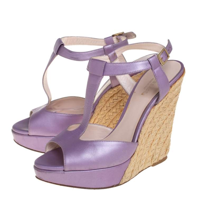 Pre Owned Versace Metallic Purple Leather Wedge Sandals Size 37