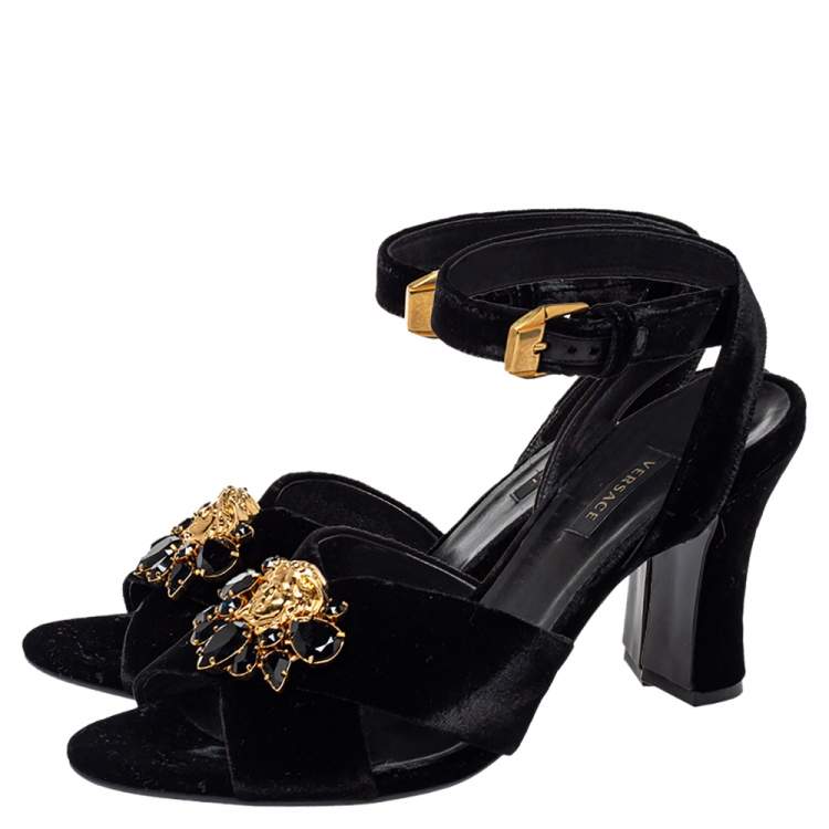 Pre Owned Versace Black Velvet Medusa Embellished Criss Criss Ankle Strap Sandals Size 39.5