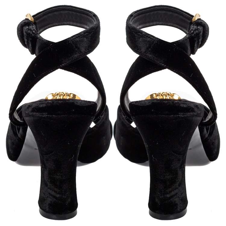 Pre Owned Versace Black Velvet Medusa Embellished Criss Criss Ankle Strap Sandals Size 39.5