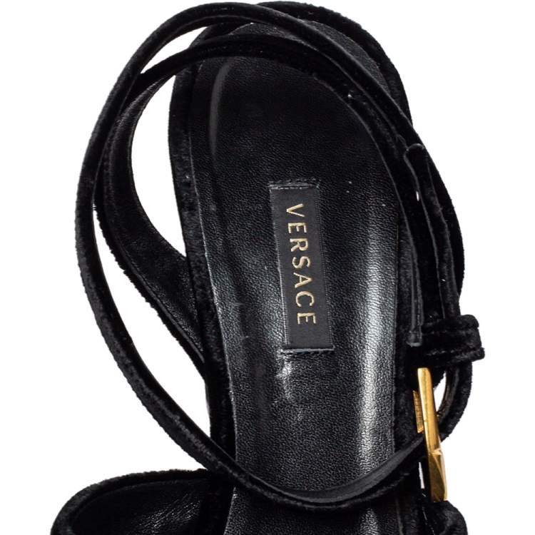 Pre Owned Versace Black Velvet Medusa Embellished Criss Criss Ankle Strap Sandals Size 39.5