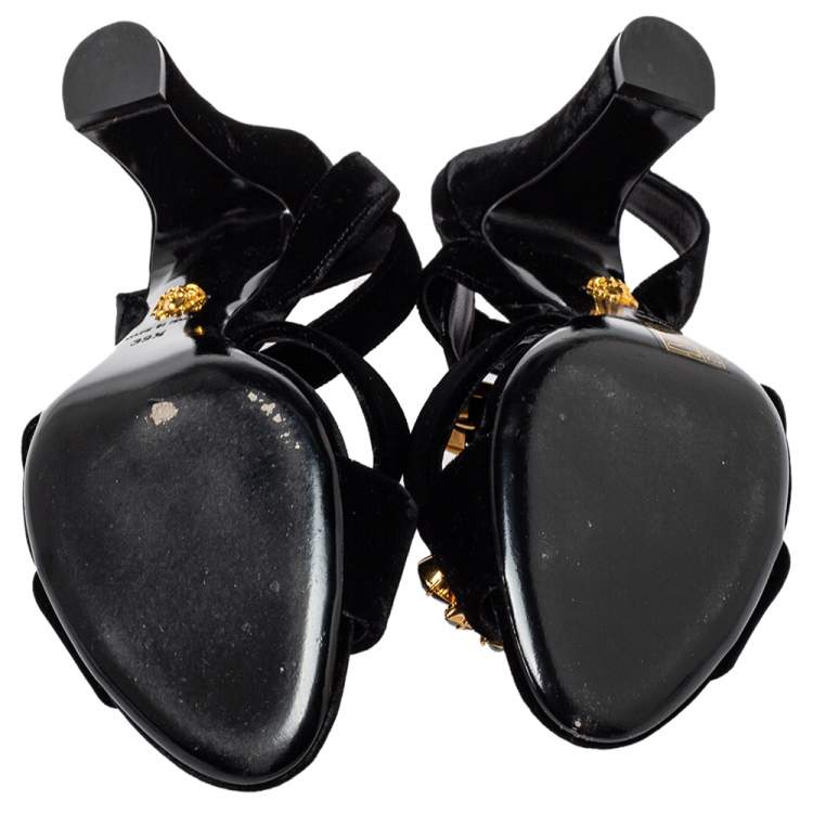 Pre Owned Versace Black Velvet Medusa Embellished Criss Criss Ankle Strap Sandals Size 39.5
