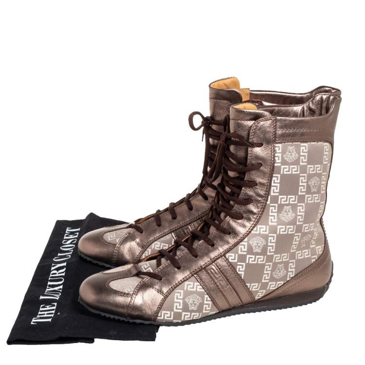 Pre Owned Versace Metallic Bronze Leather And Monogram Fabric High Top Sneakers Size 39