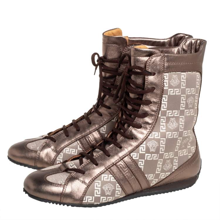 Pre Owned Versace Metallic Bronze Leather And Monogram Fabric High Top Sneakers Size 39