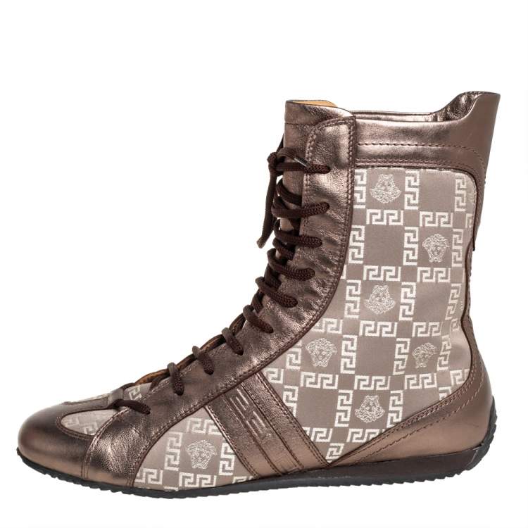 Pre Owned Versace Metallic Bronze Leather And Monogram Fabric High Top Sneakers Size 39