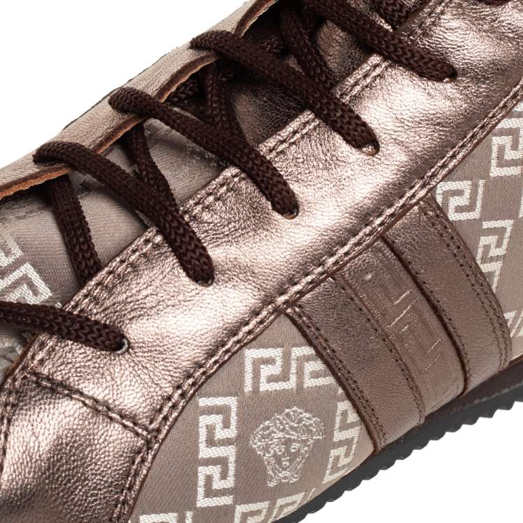 Pre Owned Versace Metallic Bronze Leather And Monogram Fabric High Top Sneakers Size 39