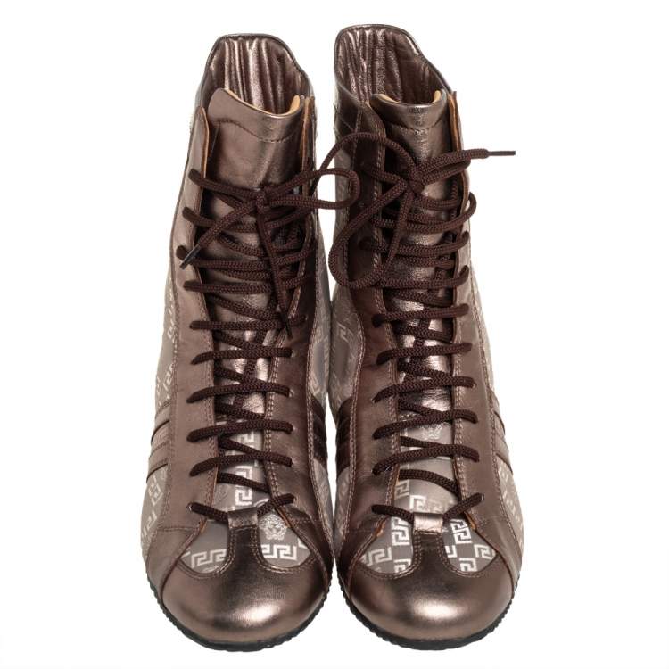 Pre Owned Versace Metallic Bronze Leather And Monogram Fabric High Top Sneakers Size 39