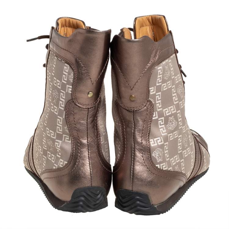 Pre Owned Versace Metallic Bronze Leather And Monogram Fabric High Top Sneakers Size 39