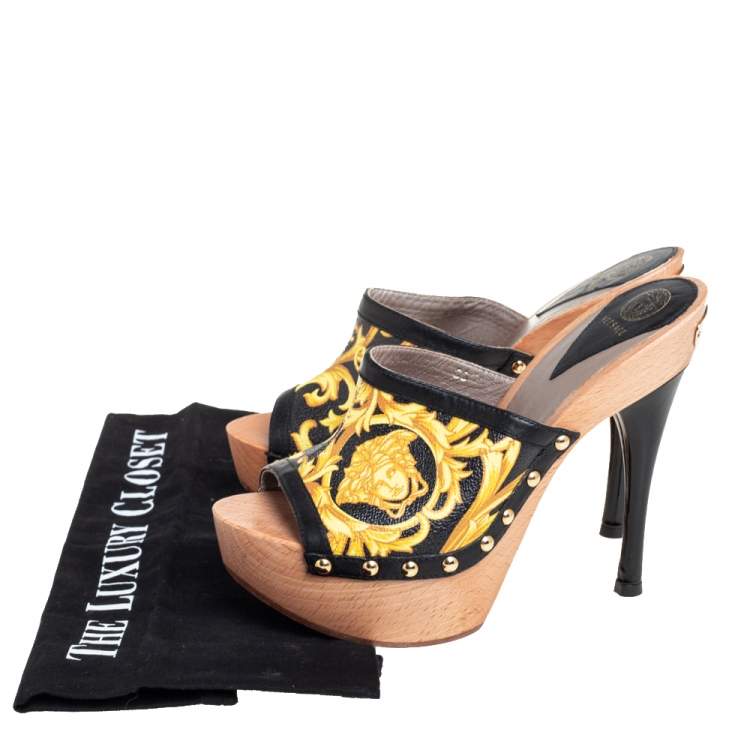 Pre Owned Versace Black/Yellow Barocco Printed Leather Clog Platform Sandals Size 36