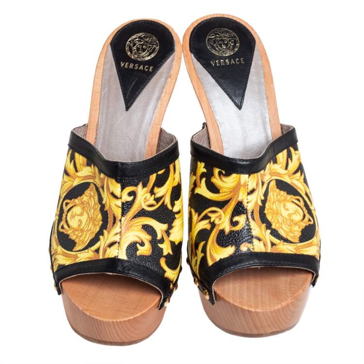 Pre Owned Versace Black/Yellow Barocco Printed Leather Clog Platform Sandals Size 36