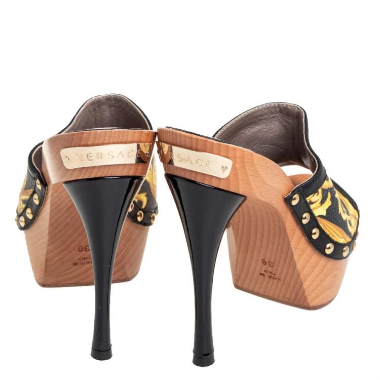 Pre Owned Versace Black/Yellow Barocco Printed Leather Clog Platform Sandals Size 36