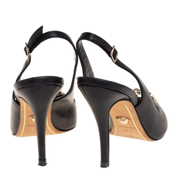Pre Owned Versace Black Leather Palazzo Medusa Slingback Pumps Size 37.5