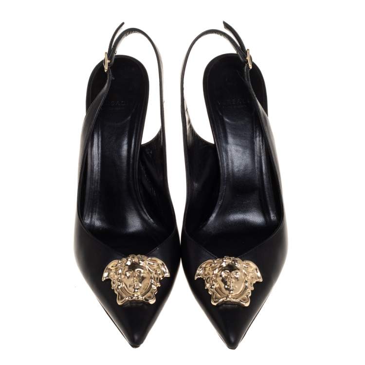 Pre Owned Versace Black Leather Palazzo Medusa Slingback Pumps Size 37.5