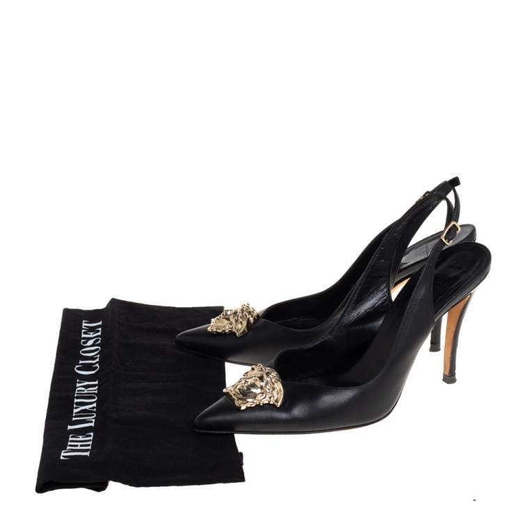 Pre Owned Versace Black Leather Palazzo Medusa Slingback Pumps Size 37.5