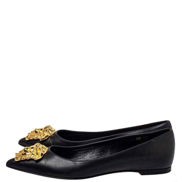 Pre Owned Versace Black Leather Medusa Pointed Toe Ballet Flats Size 38