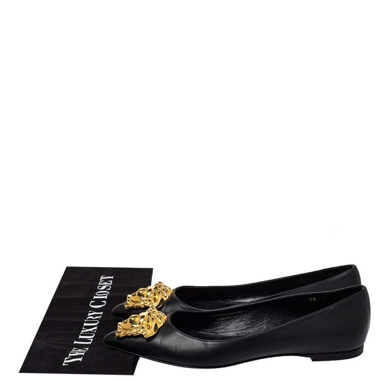 Pre Owned Versace Black Leather Medusa Pointed Toe Ballet Flats Size 38