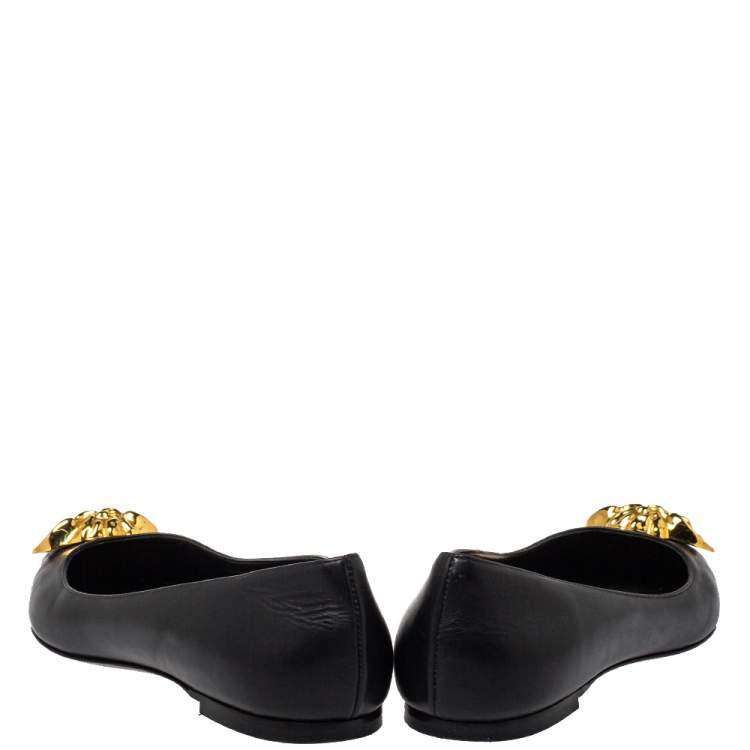 Pre Owned Versace Black Leather Medusa Pointed Toe Ballet Flats Size 38