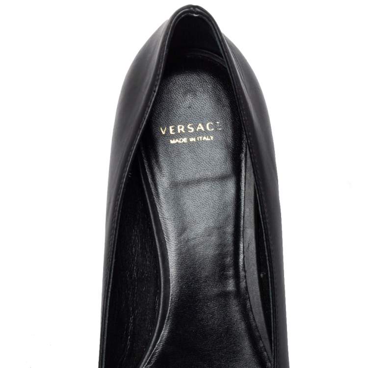 Pre Owned Versace Black Leather Medusa Pointed Toe Ballet Flats Size 38