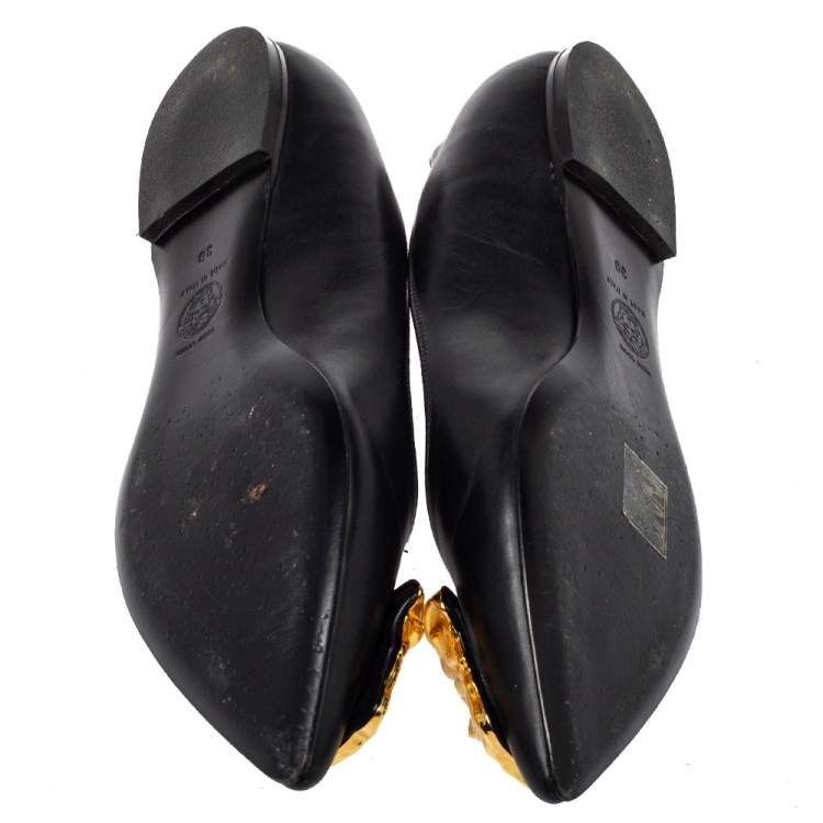 Pre Owned Versace Black Leather Medusa Pointed Toe Ballet Flats Size 38