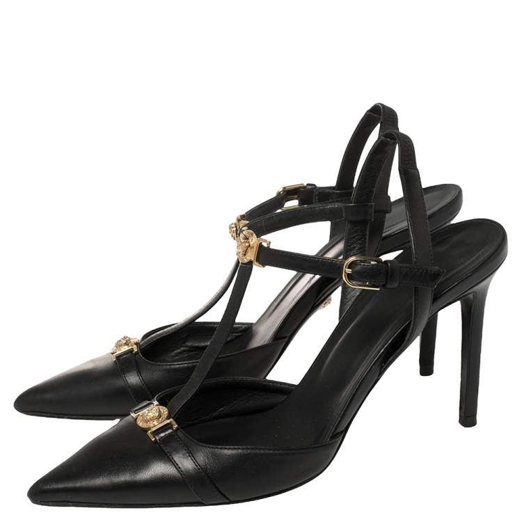 Pre Owned Versace Black Leather Medusa Slingback Pumps Size 39