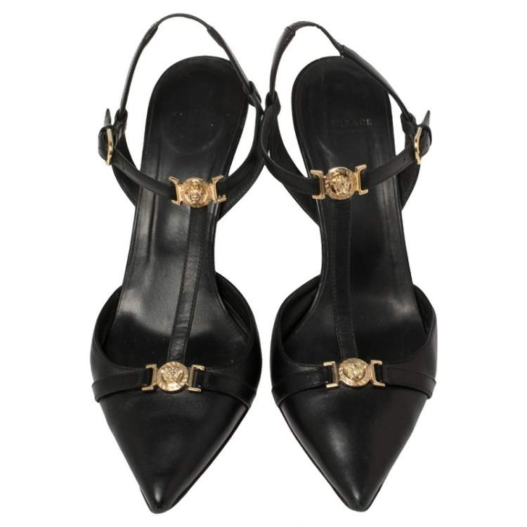 Pre Owned Versace Black Leather Medusa Slingback Pumps Size 39
