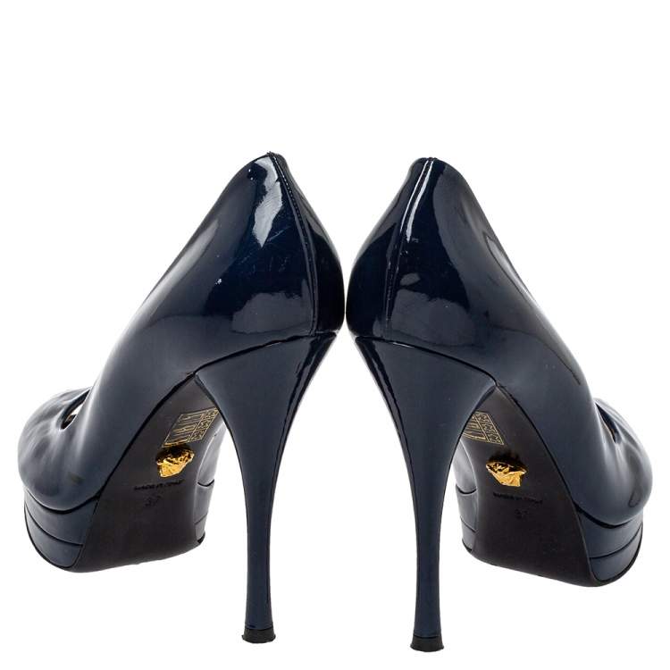 Pre Owned Versace Blue Patent Leather Peep Toe Platform Pumps Size 37